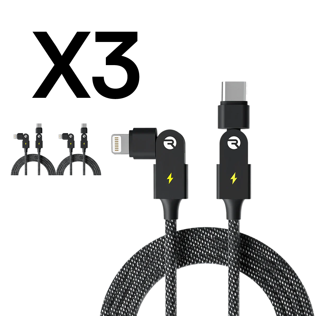 Black braided charging cables with USB-C and Lightning connectors, labeled 'X3'.