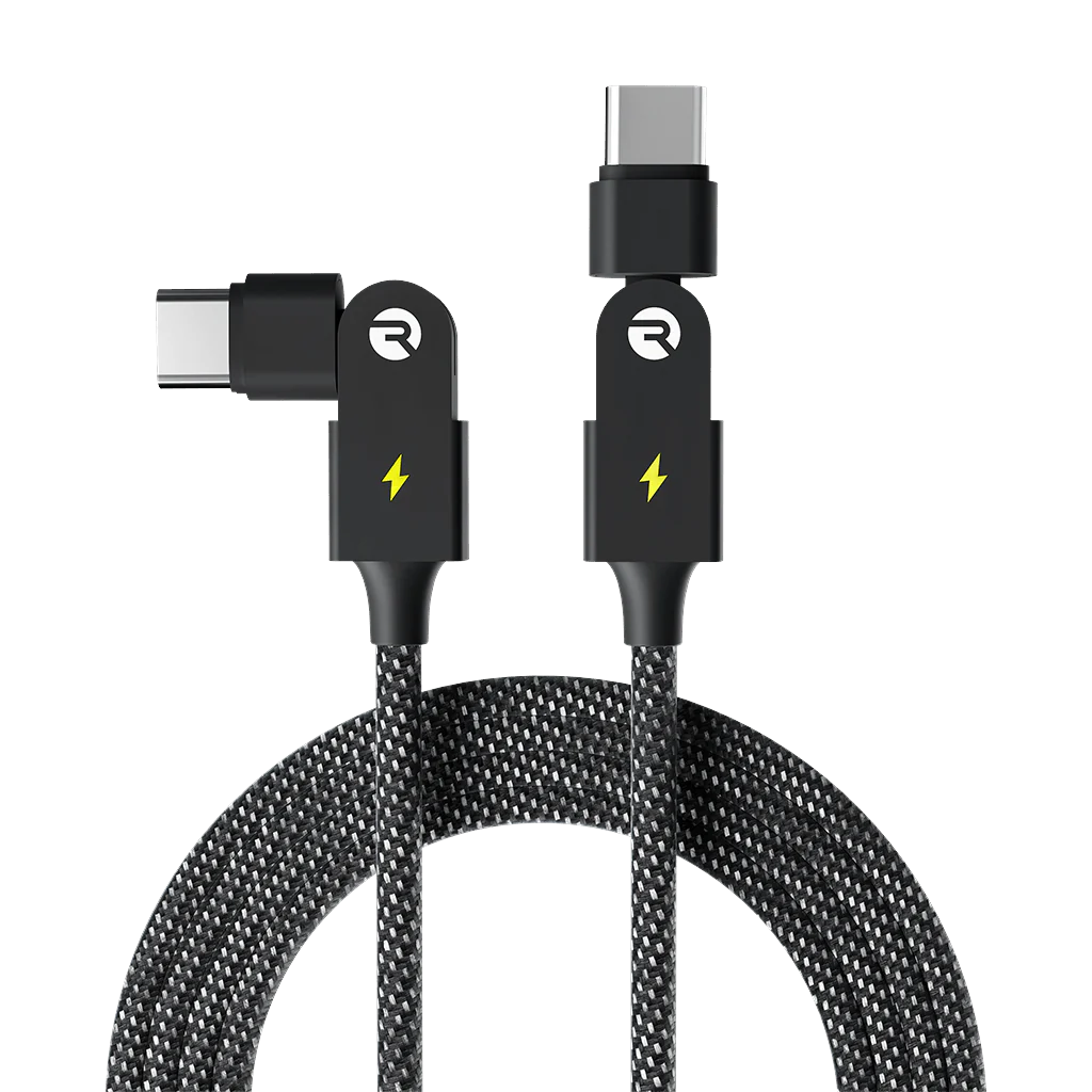 Black braided charging cable with two connectors and lightning bolt symbols.