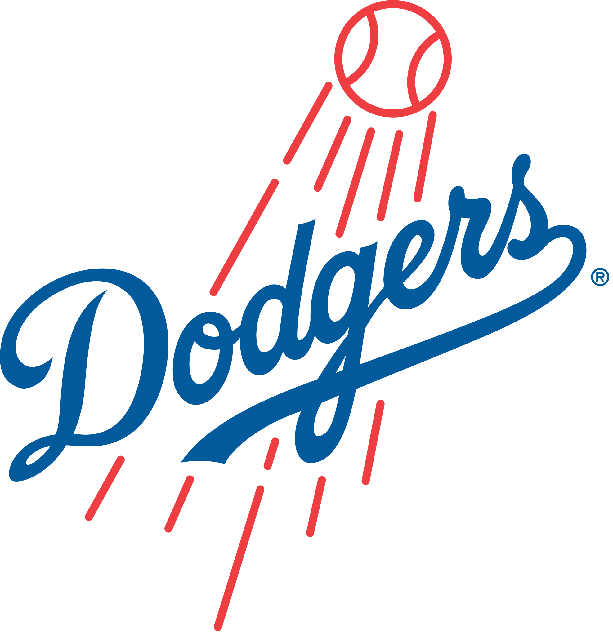 Blue script 'Dodgers' with a red baseball and motion lines above.