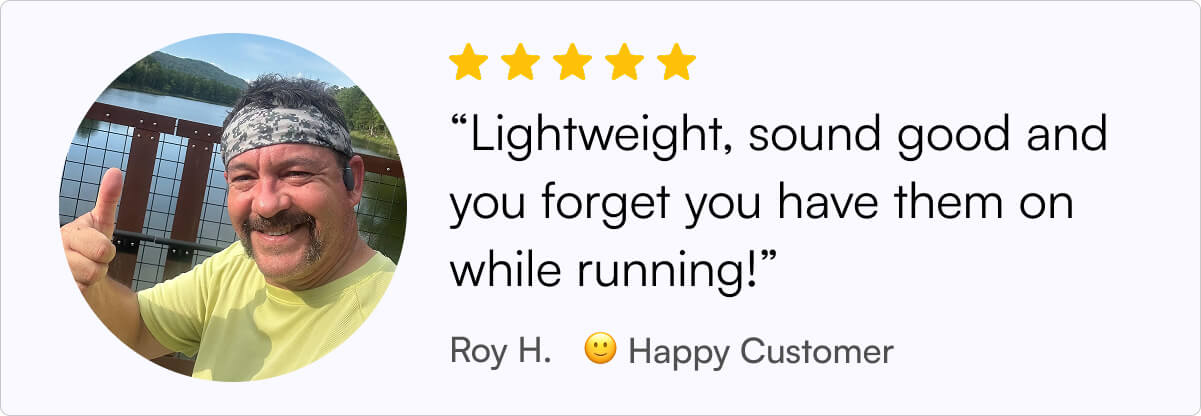 Person smiling, giving thumbs up, with a lake and trees in the background; includes a quote and star rating.