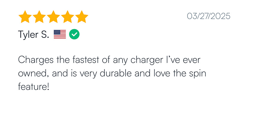 Five-star review with text praising a charger, dated 03/27/2025.