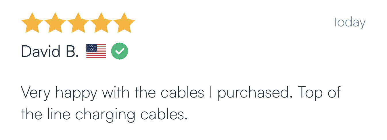 Five-star review with text praising charging cables.
