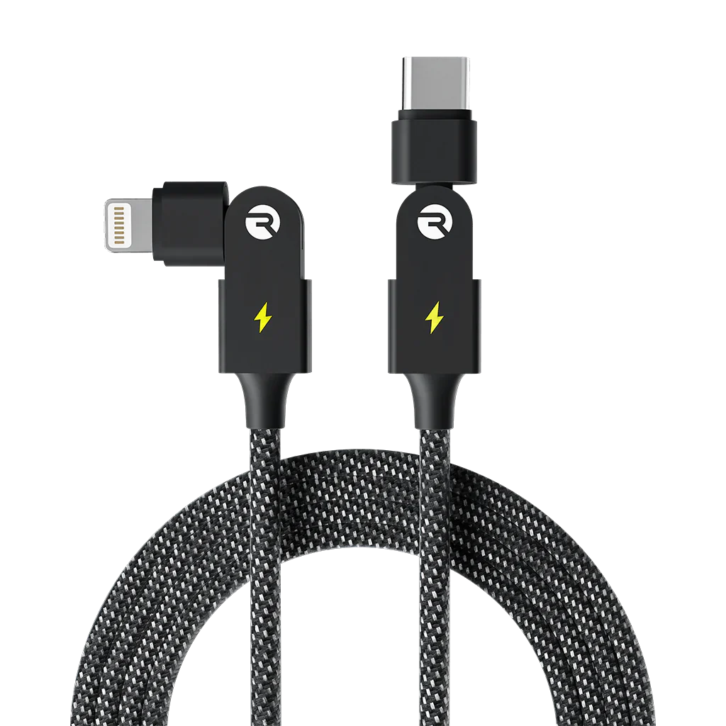 Black braided charging cable with USB-C and Lightning connectors.