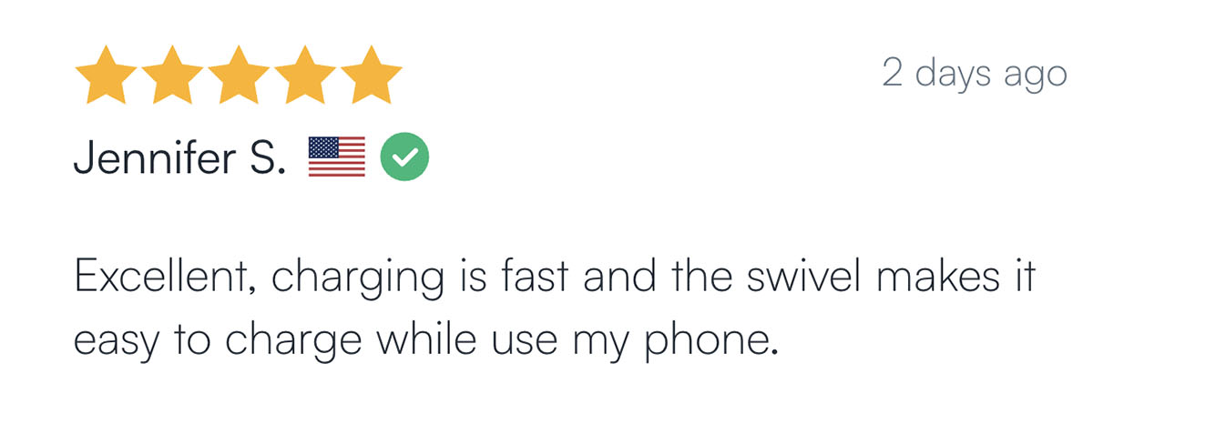 Five-star review with text praising fast charging and swivel feature.