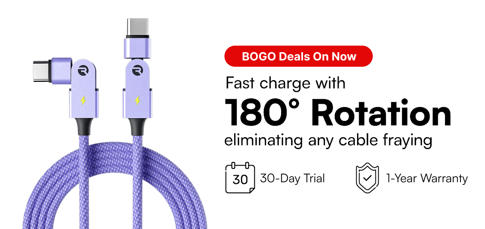 Purple USB-C cables with 180-degree rotation feature and promotional text.