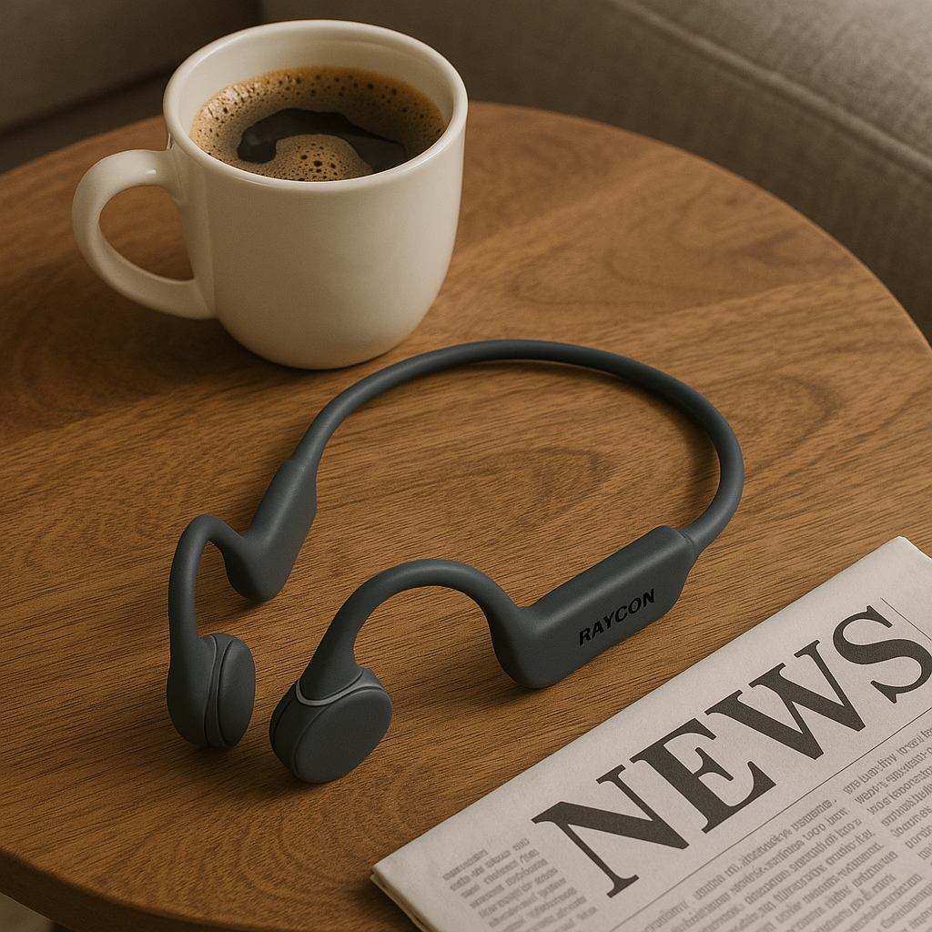 Headphones, coffee cup, and newspaper on a wooden table.