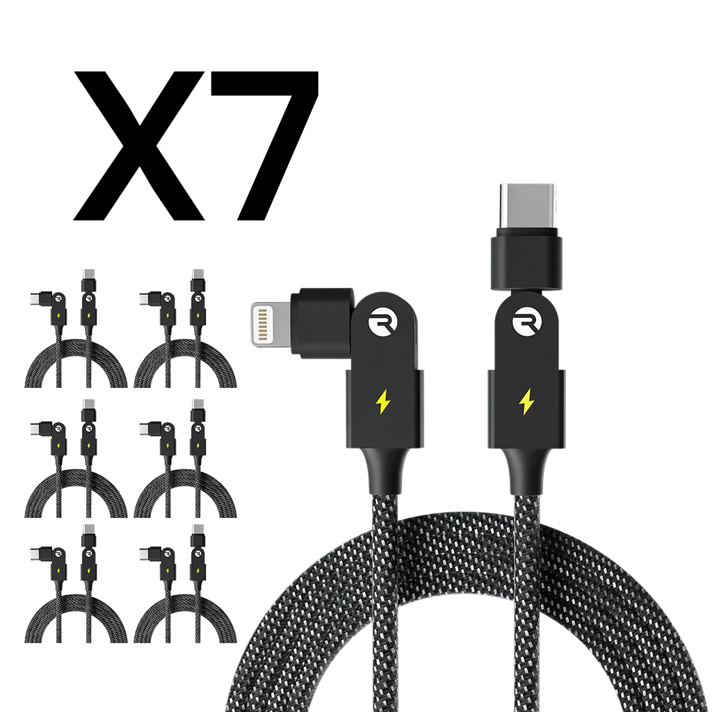 Seven black braided charging cables with lightning and USB-C connectors.