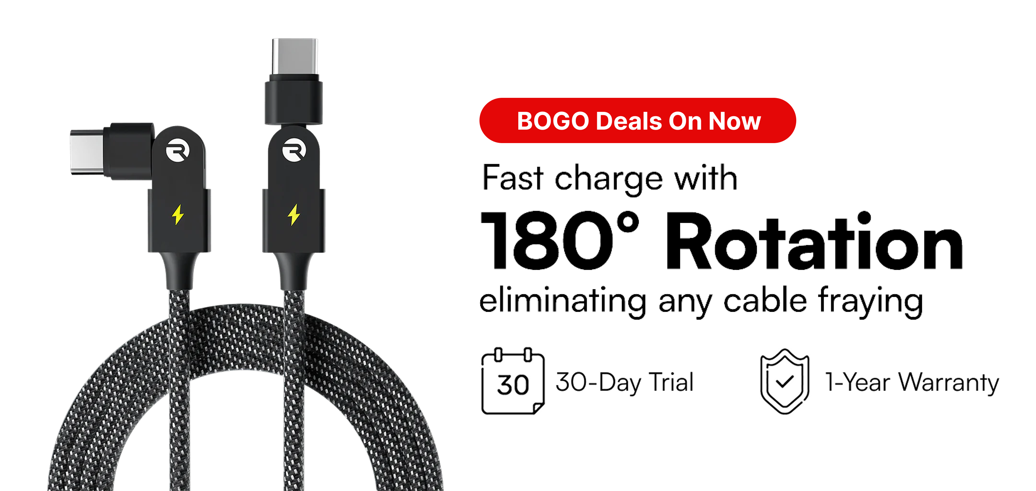Two USB-C cables with 180-degree rotation feature and promotional text.