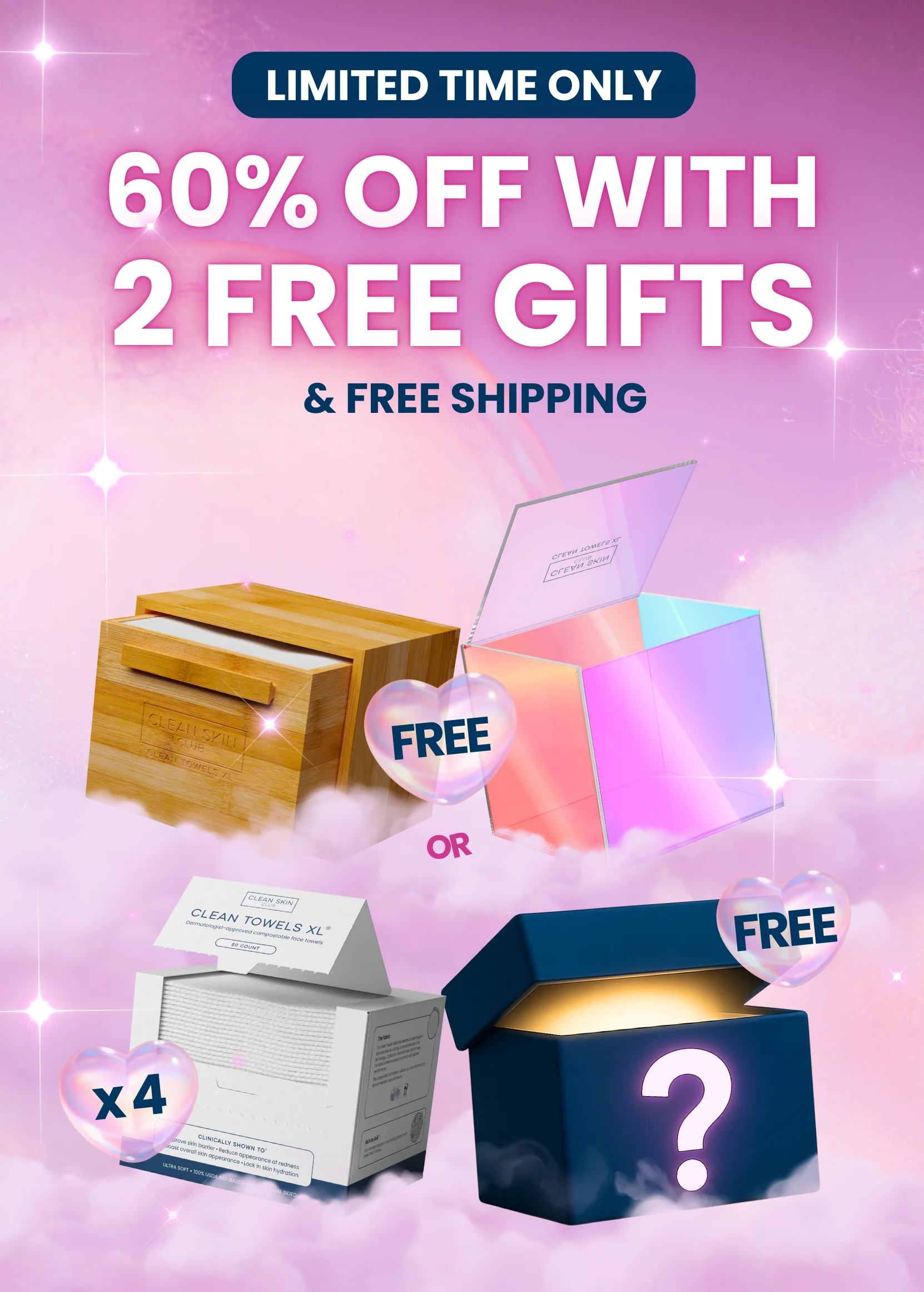 Promotional image with text: 60% off, 2 free gifts, and free shipping.