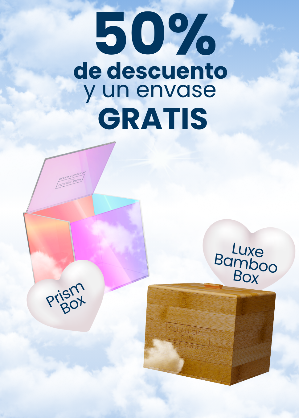 Promotional image with 50% discount text, prism box, and bamboo box on a cloudy background.