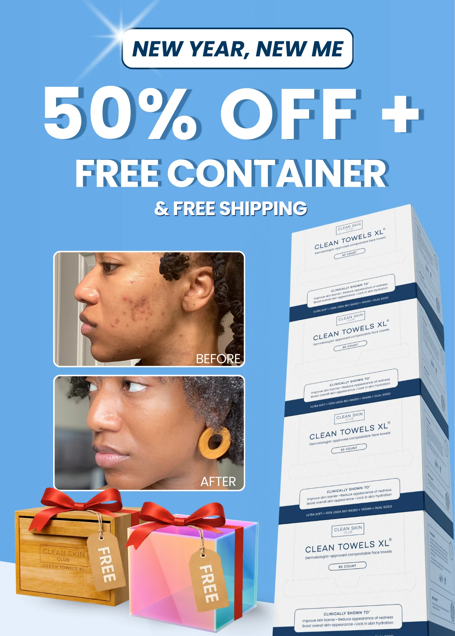 Advertisement for Clean Towels with before-and-after acne treatment, 50% off offer.