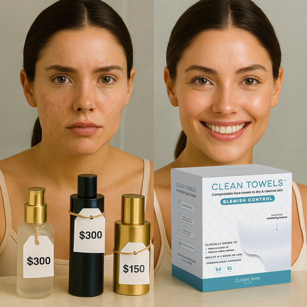 Before and after skincare comparison with products and clean towels box.