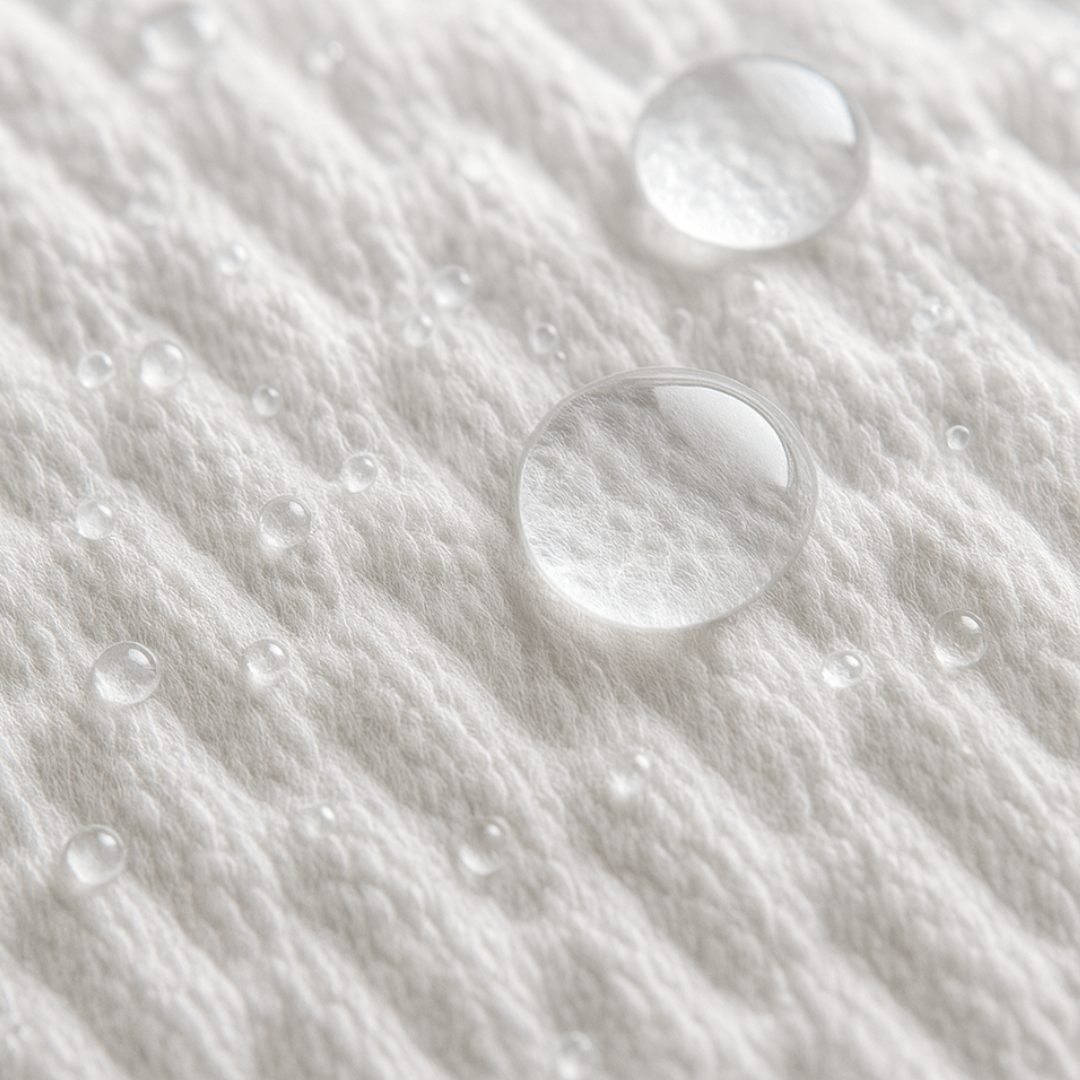 Close-up of water droplets on a textured white surface.
