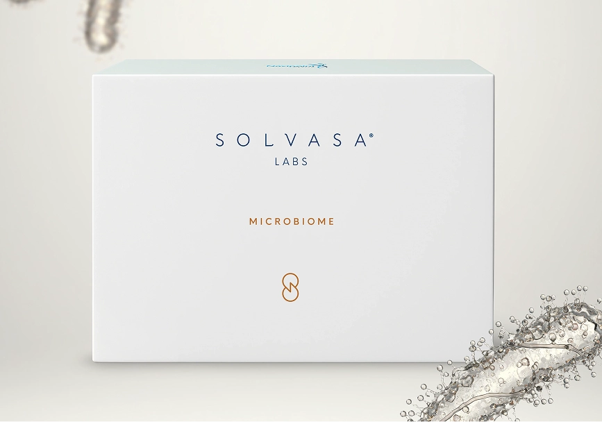White box labeled Solvasa Labs Microbiome with decorative molecular structures.