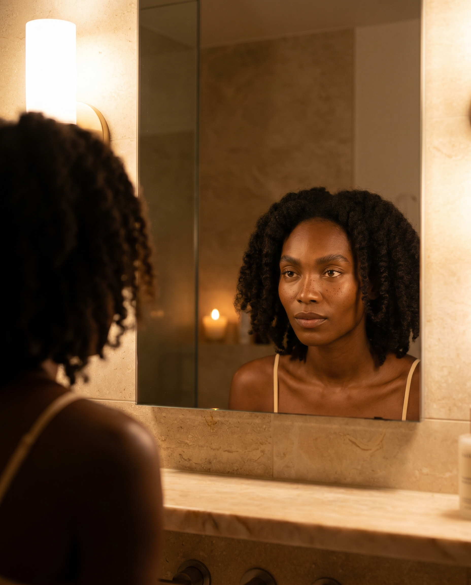 A Black woman with curly hair looks at her reflection in a warmly lit bathroom mirror.