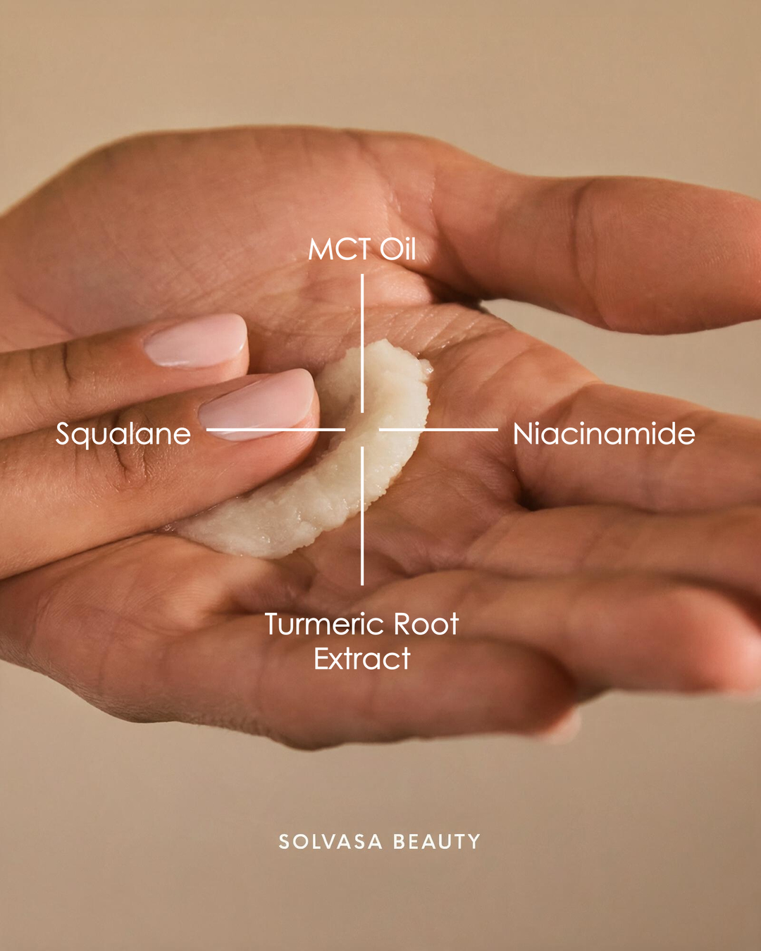 A hand holding a white skincare product, with text pointing out ingredients like Squalane, Niacinamide, and MCT oil.
