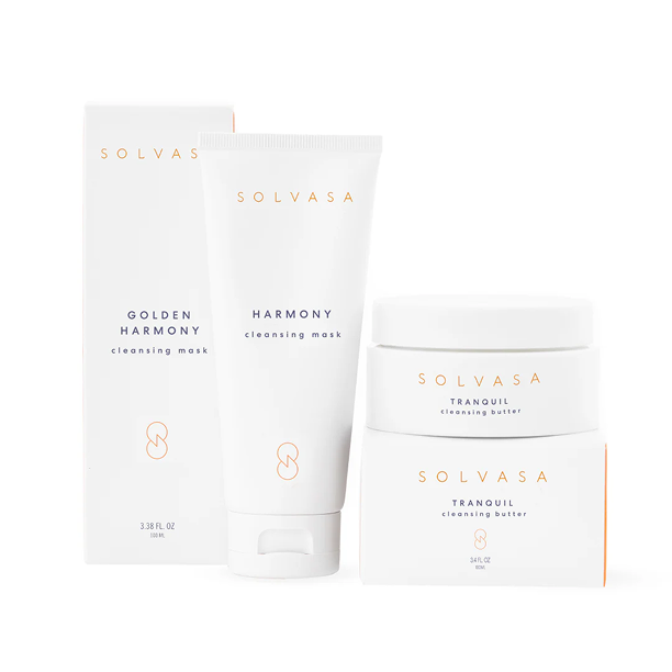 Solvasa skincare products including cleansing mask and butter in white packaging.
