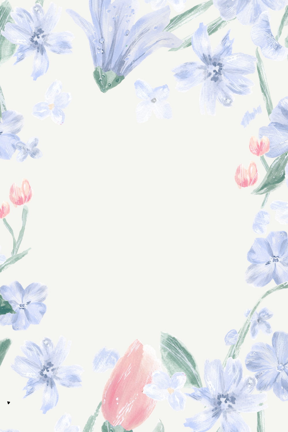 A painted border of blue and pink flowers with green leaves on a cream background, with blank space inside.