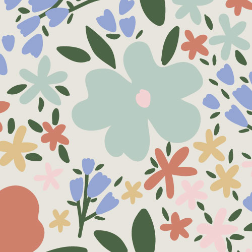 Colorful floral pattern with various abstract flowers and leaves.