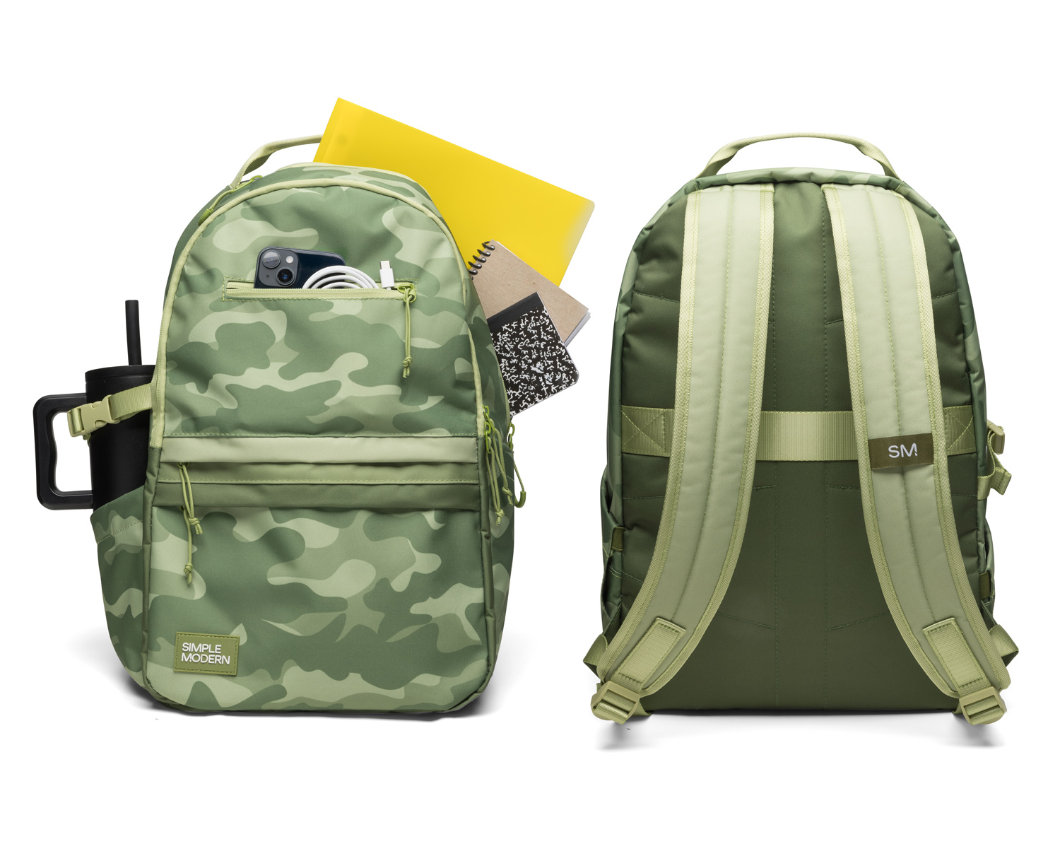 Green camouflage backpack with notebooks, phone, and water bottle, front and back view.
