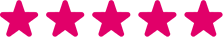 An icon of five solid pink stars in a horizontal row, indicating a rating.