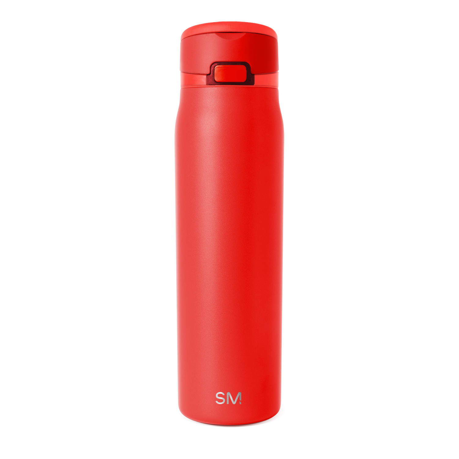 Red insulated water bottle with a closed lid and a small logo near the bottom.