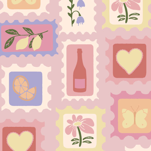 Pattern of stamps with flowers, lemons, a bottle, heart, and butterfly.