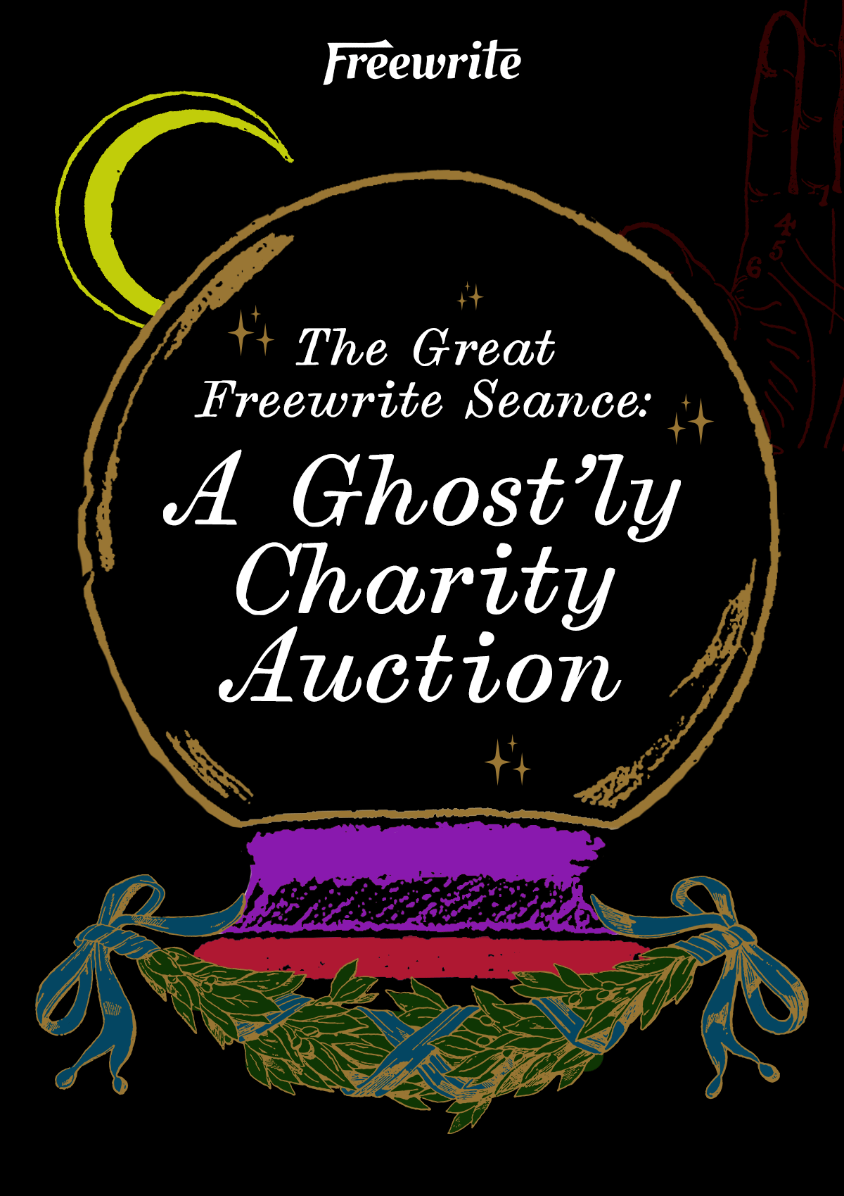 Illustration of a seance with text: 'A Ghost'ly Charity Auction'.