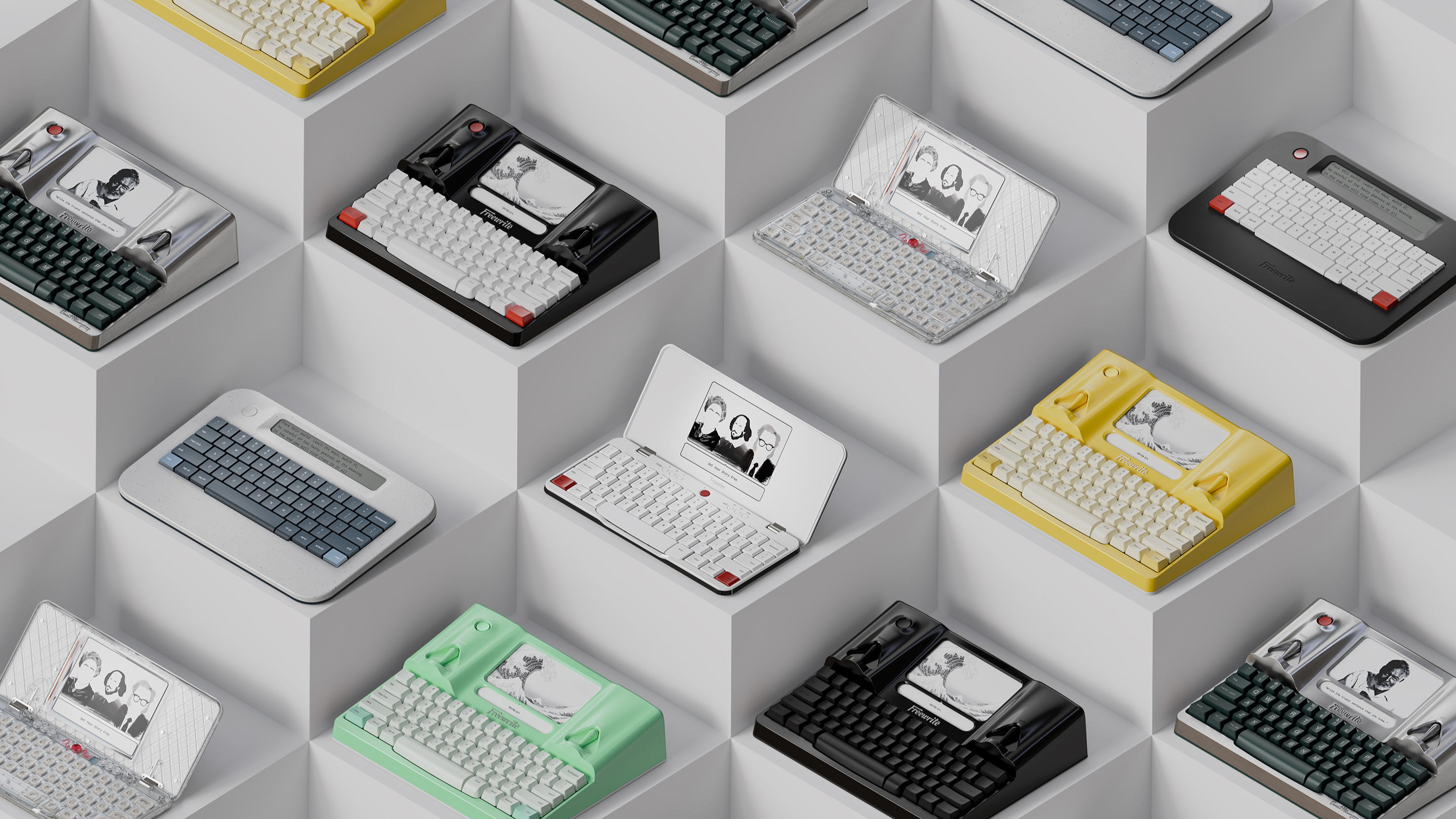Grid of retro-style electronic typewriters in various colors and designs.