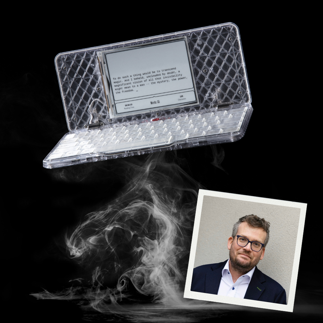 Transparent device with text, smoke effect, and a portrait of a man on a black background.