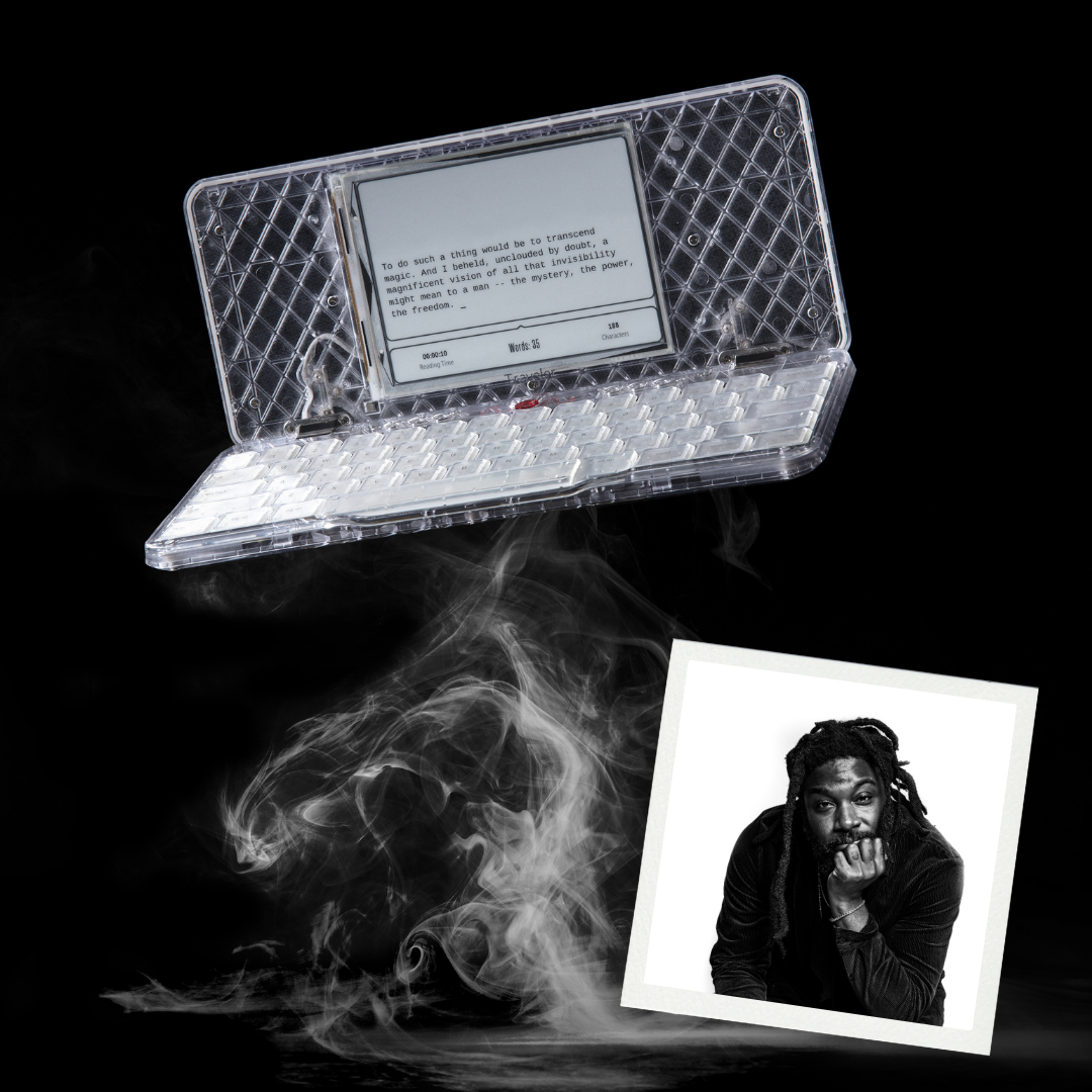 Transparent keyboard with text display, smoke, and black-and-white portrait photo.