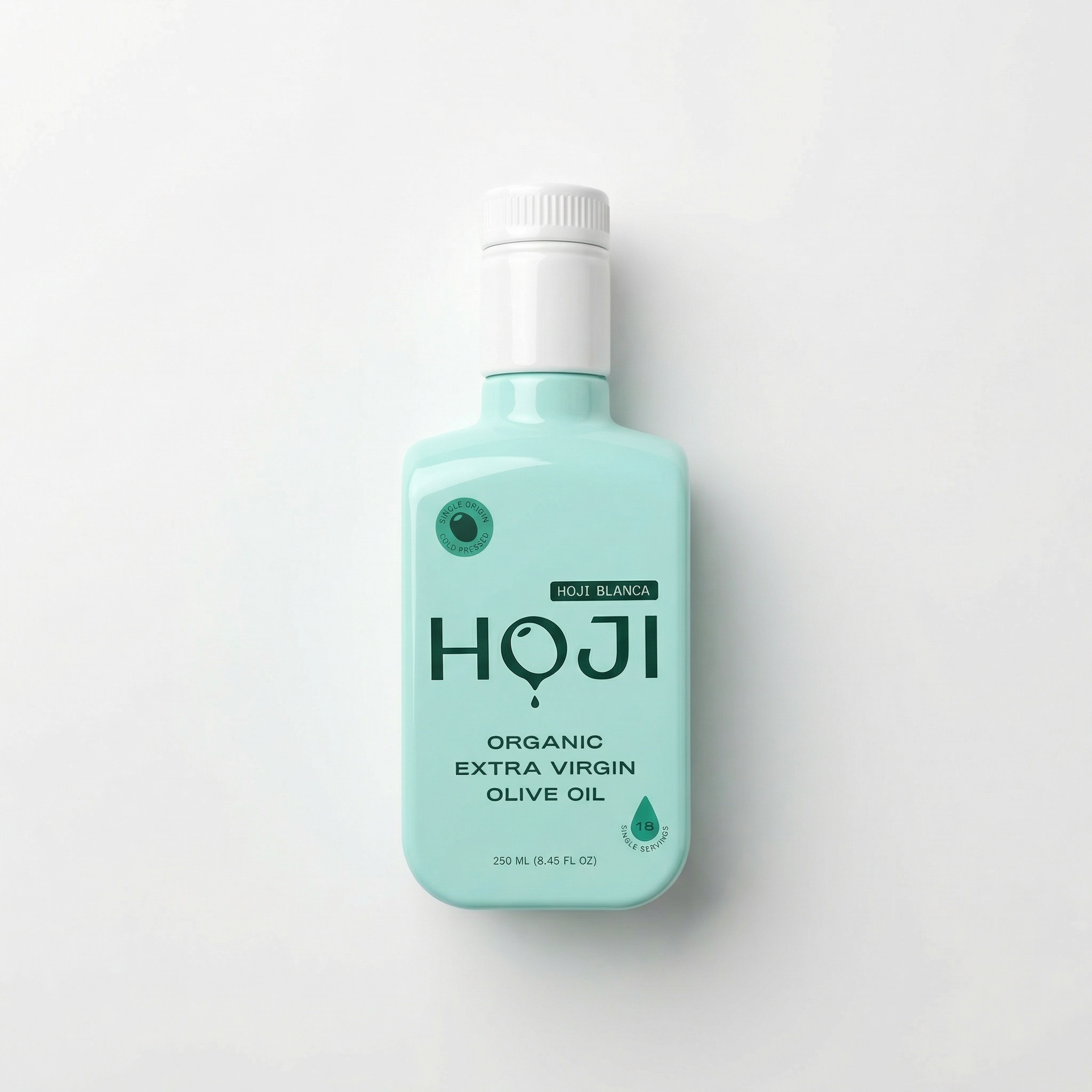 A bottle of Hoji Organic Extra Virgin Olive Oil against a plain white background.
