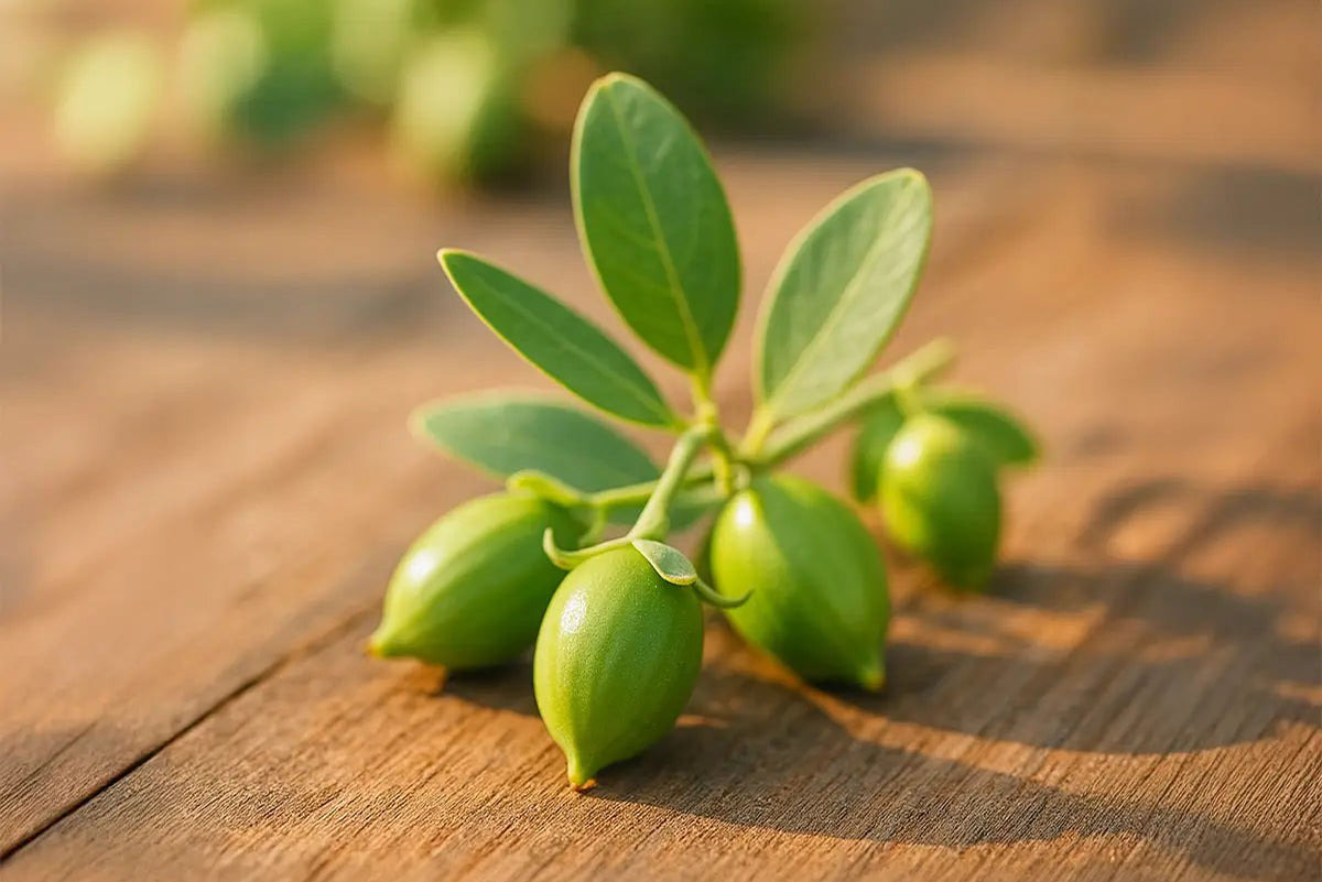 Green plant with oval leaves and fruit on wooden surface.