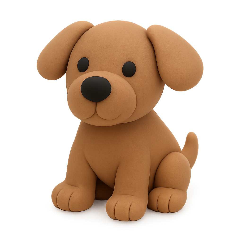 Cute brown cartoon dog with black nose and eyes on a gradient background.