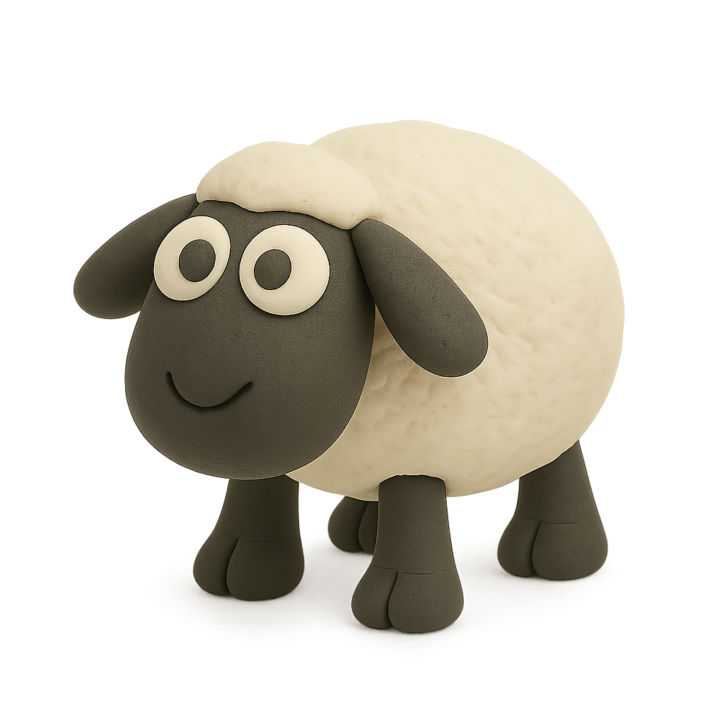 Clay model of a smiling sheep with large eyes on a neutral background.
