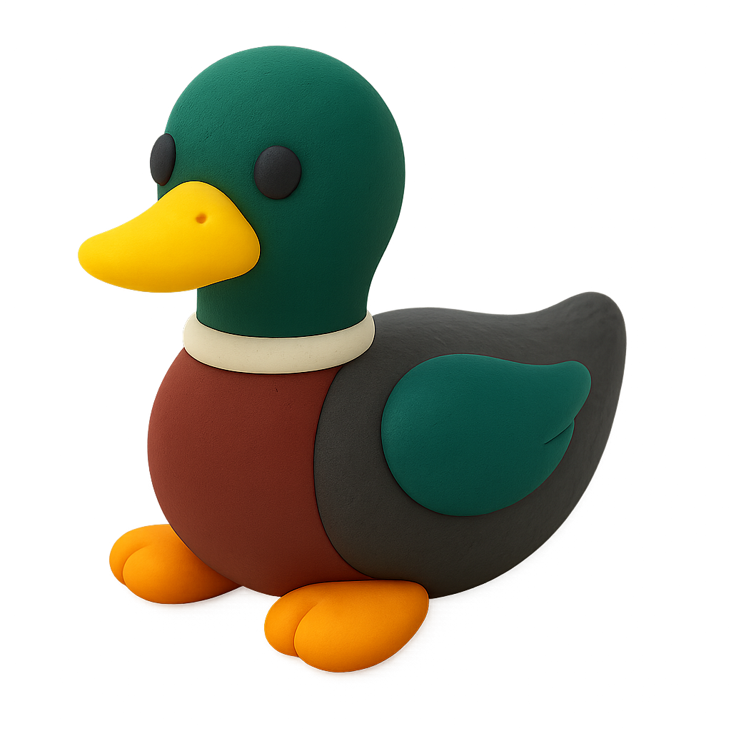 Clay model of a colorful duck with a green head and yellow beak.