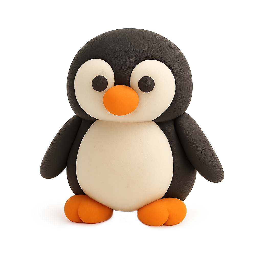 A cute, cartoon-style penguin with orange beak and feet on a neutral background.