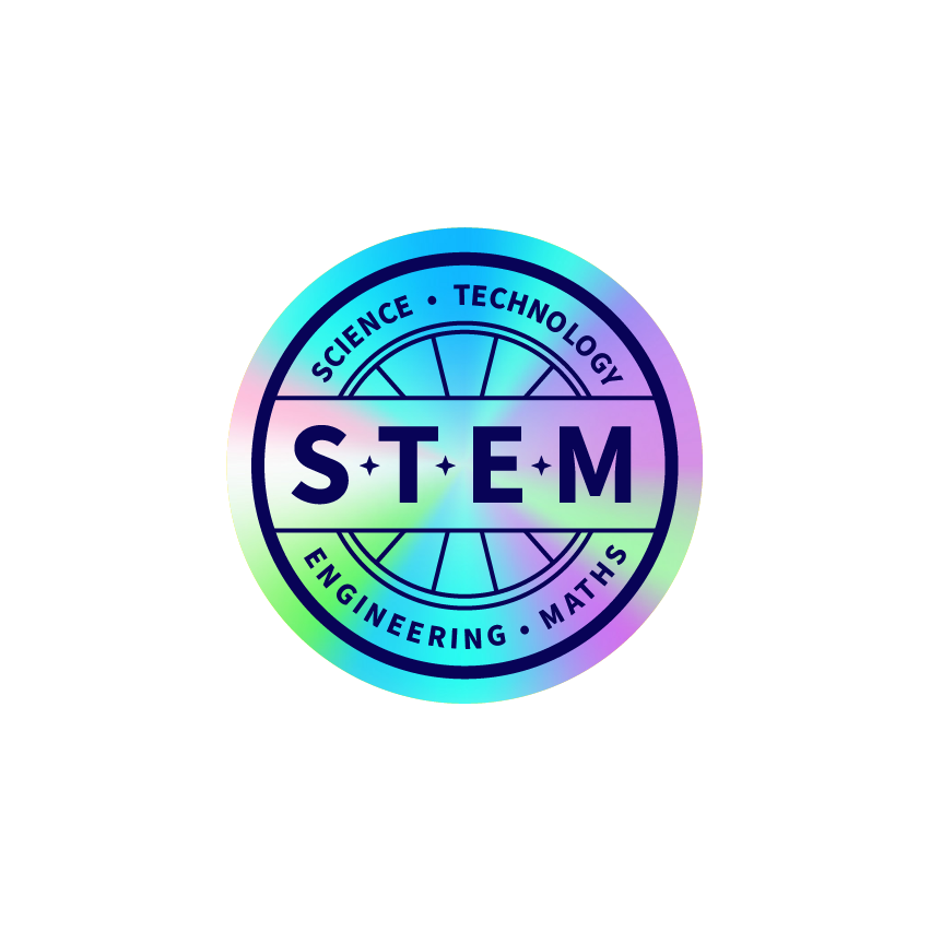 Colorful STEM logo with science, technology, engineering, and maths text.
