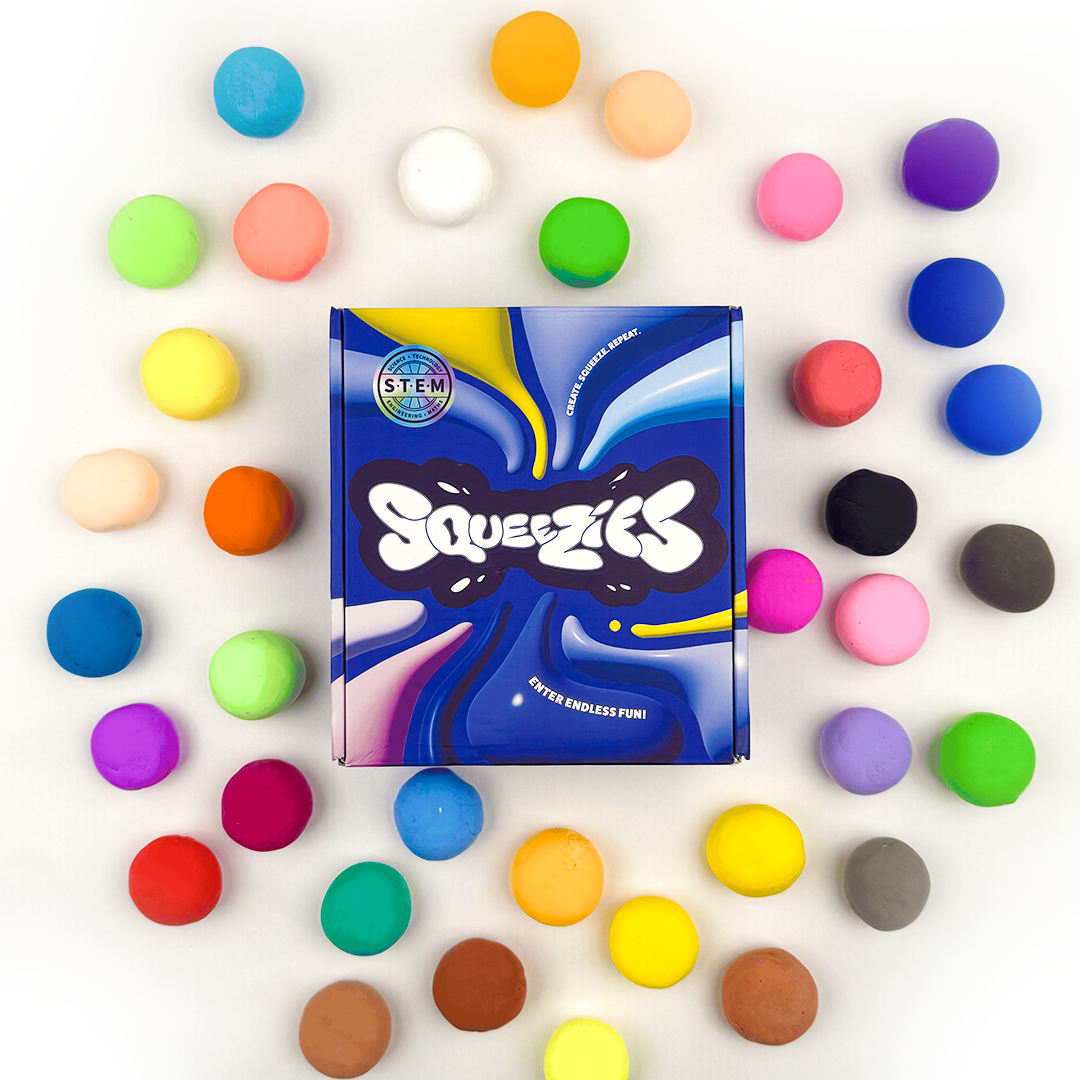 Colorful clay balls surrounding a box labeled 'Squeezies' on a white background.