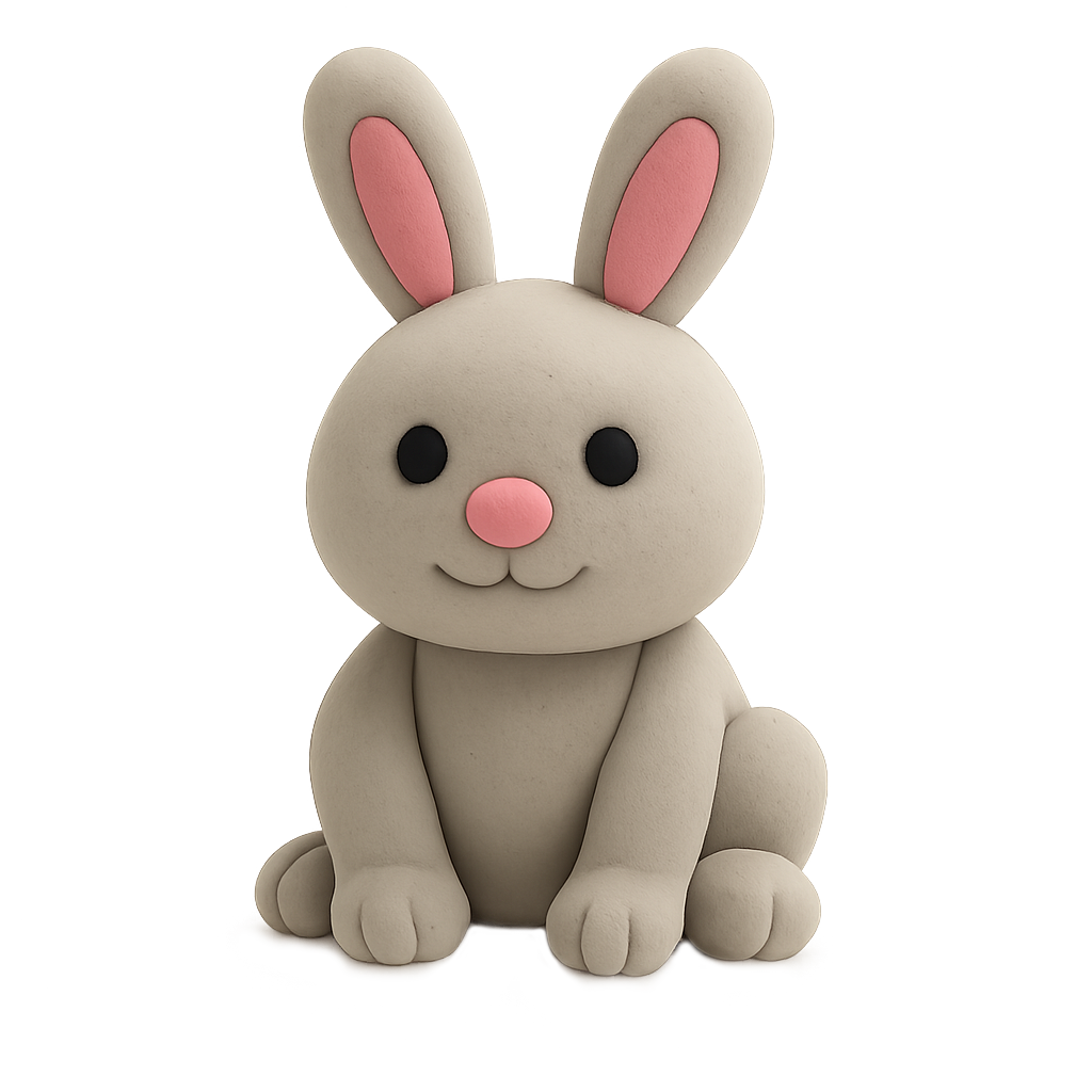 Clay model of a cute rabbit with pink ears and nose on a neutral background.