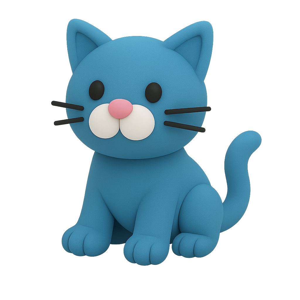 Blue cartoon cat with a pink nose and black whiskers on a dark background.