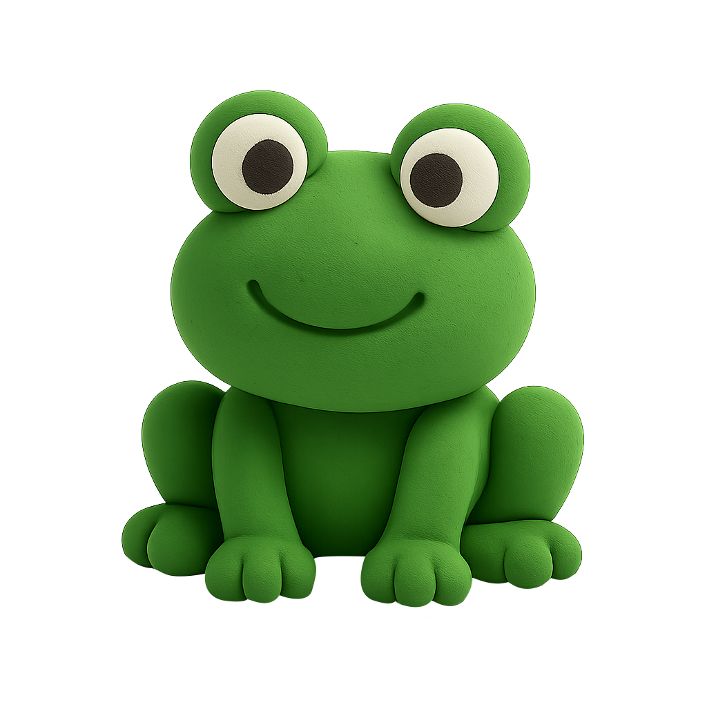 Cute cartoon green frog with big eyes and a smile.
