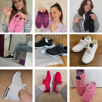 Collage of people showing various colored sneakers, including pink, black, white, and red.