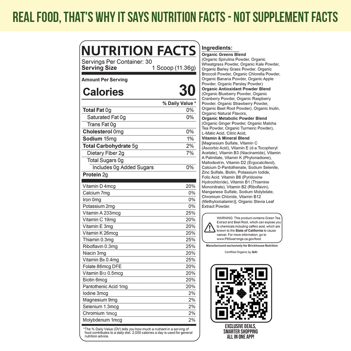Nutrition facts label with ingredients and vitamin information for a food product.
