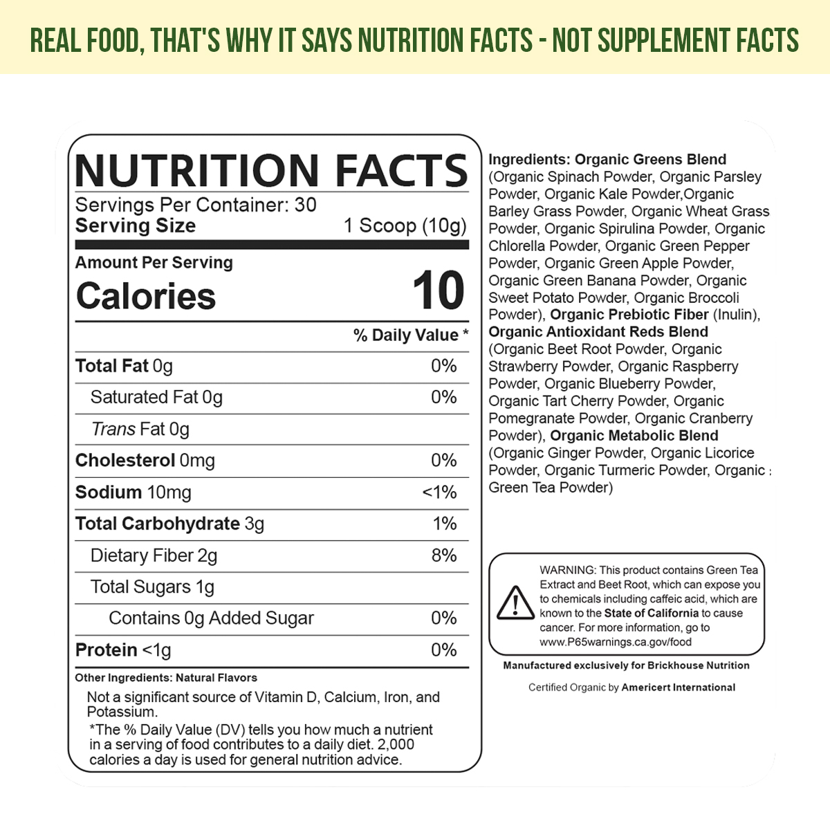 Nutrition facts label with ingredients and a warning about green tea extract.
