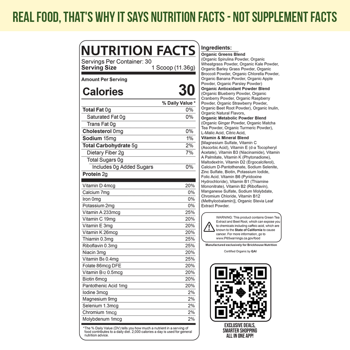 Nutrition facts label with ingredients list and QR code on a light background.