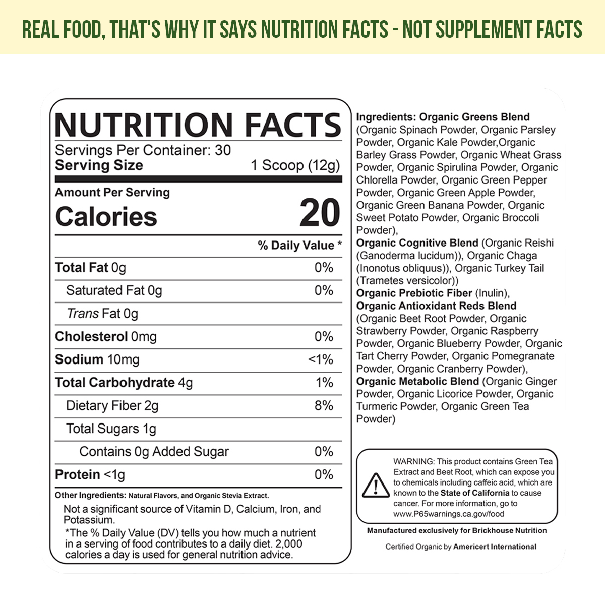 Nutrition facts label for a food product with ingredients and calorie information.