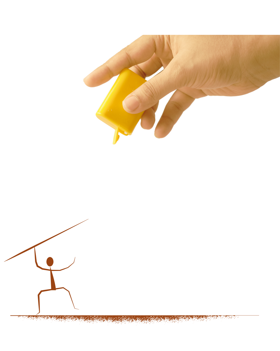 Hand holding a yellow container above a stick figure drawing.