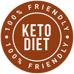 Brown circular badge with 'Keto Diet 100% Friendly' text.