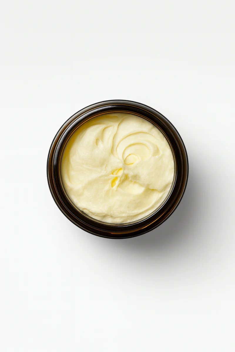 An overhead view of an open amber glass jar filled with a swirled yellow cream.
